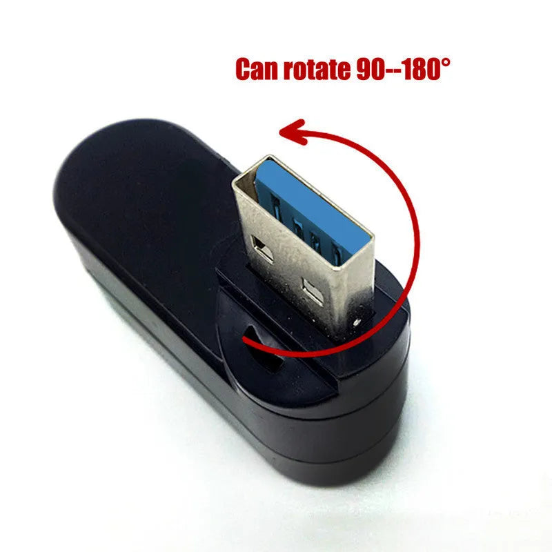 Black and white USB rotary splitter hub showing four USB 3.0 ports on compact ABS casing
