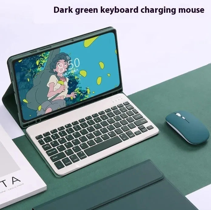 Samsung Galaxy tablet in a TPU protective case with a matching Bluetooth keyboard and charging mouse.