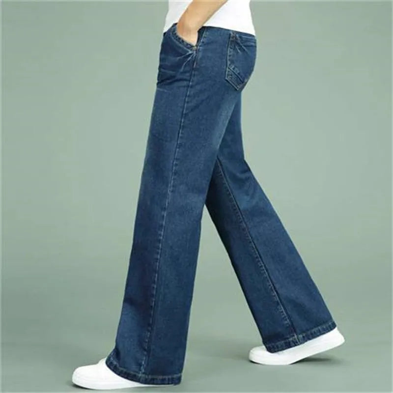 Men's loose wide-leg flared jeans in solid colour, polyester fibre construction, available in multiple waist sizes