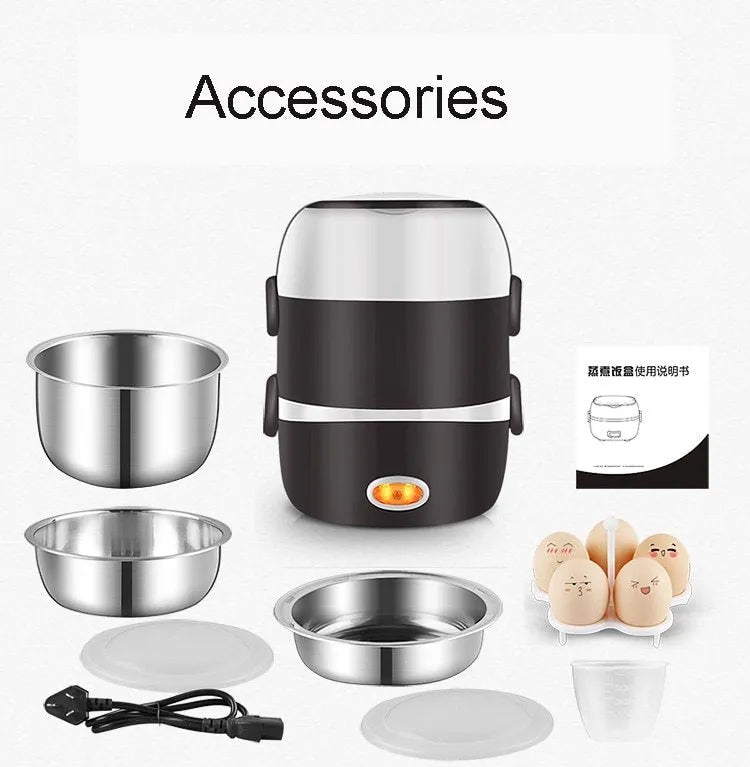 USB-powered electric lunch box showing two-layer and three-layer insulated compartments with capacity options