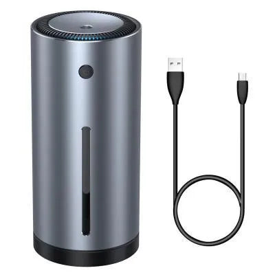 Aluminium alloy car diffuser humidifier and air purifier unit in black or dark grey.