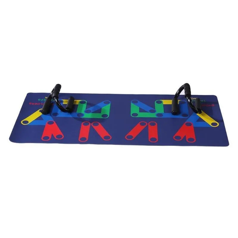 9 in 1 push up rack training board with colour-coded chest, shoulders, back, and triceps zones, leather mat, and two foam handbars