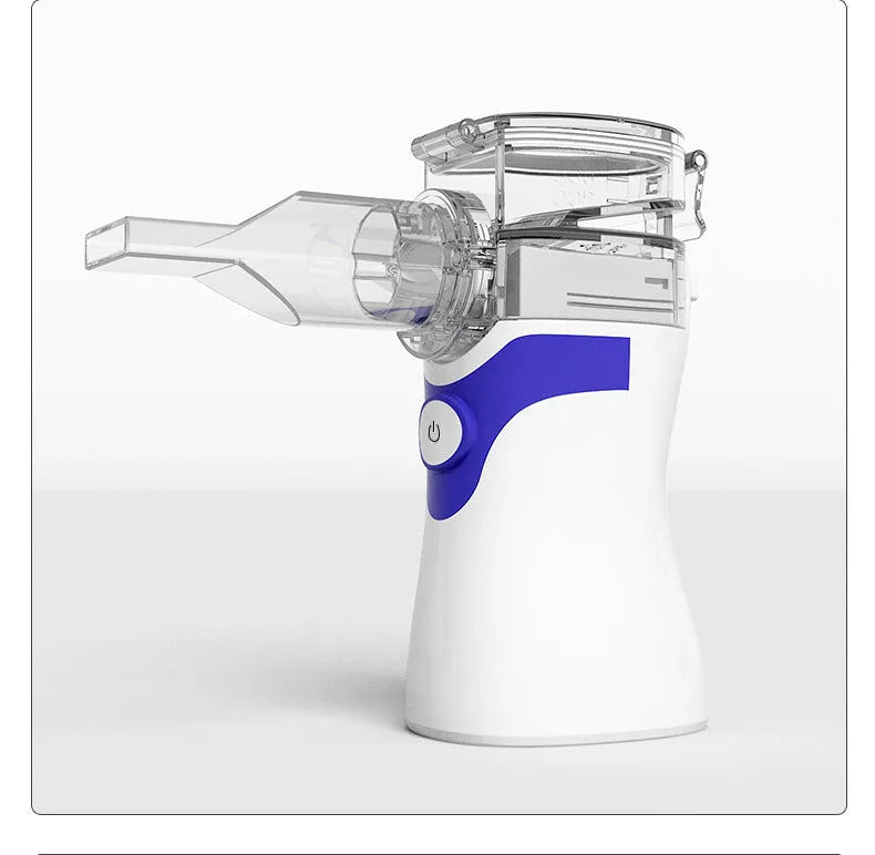 Handheld mesh atomiser in blue with mask and mouthpiece accessories, producing fine particles for inhalation therapy