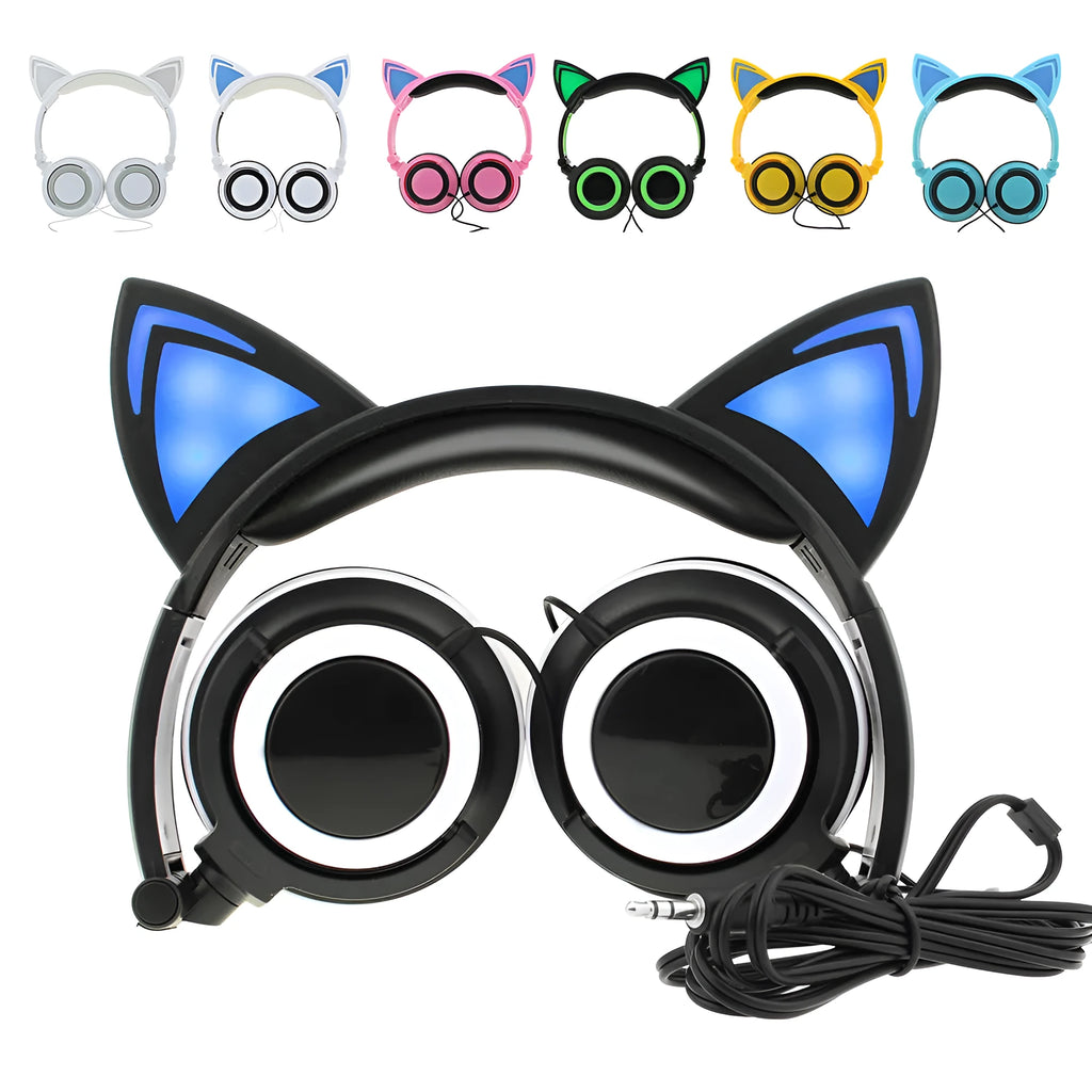 LED illuminated cat ear headphones showing lights on ears and cushions, available in multiple colours