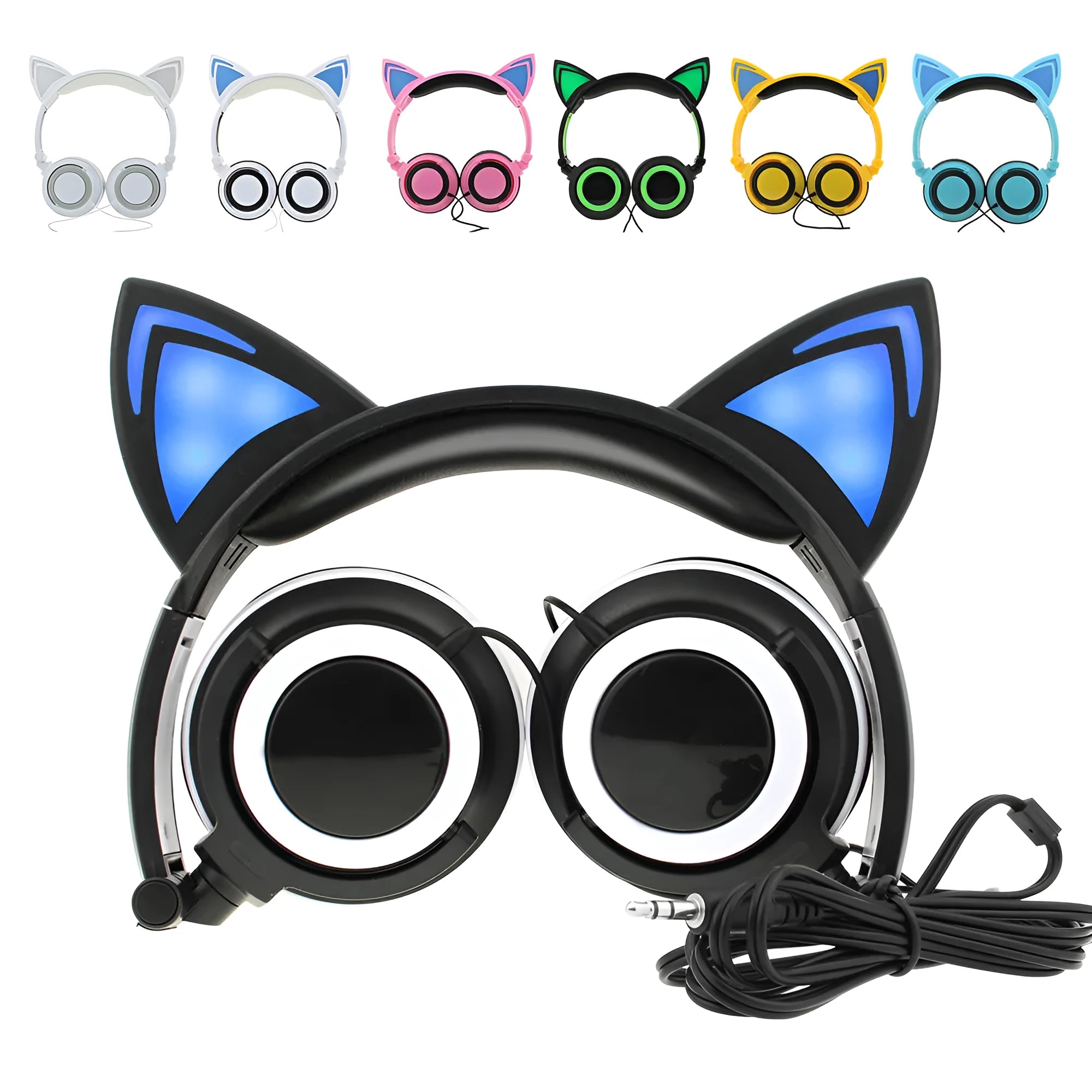 LED illuminated cat ear headphones showing lights on ears and cushions, available in multiple colours