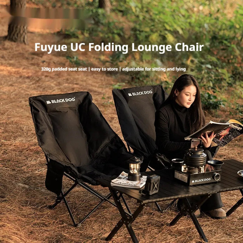 Night black camping recliner moon chair with Oxford cloth construction folded position