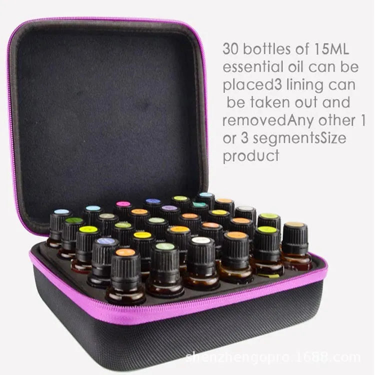 Red EVA essential oil storage bag with 30 compartments for 15ml bottles, shown hanging on a wall.