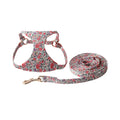 Cloth dog harness and leash set shown in various colours including a floral print, for small dogs.
