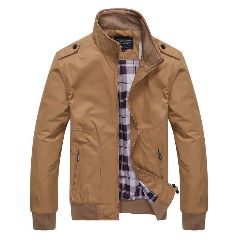 Men's casual spring jacket with stand-up collar and zipper front in a plain colour, on display against a light background