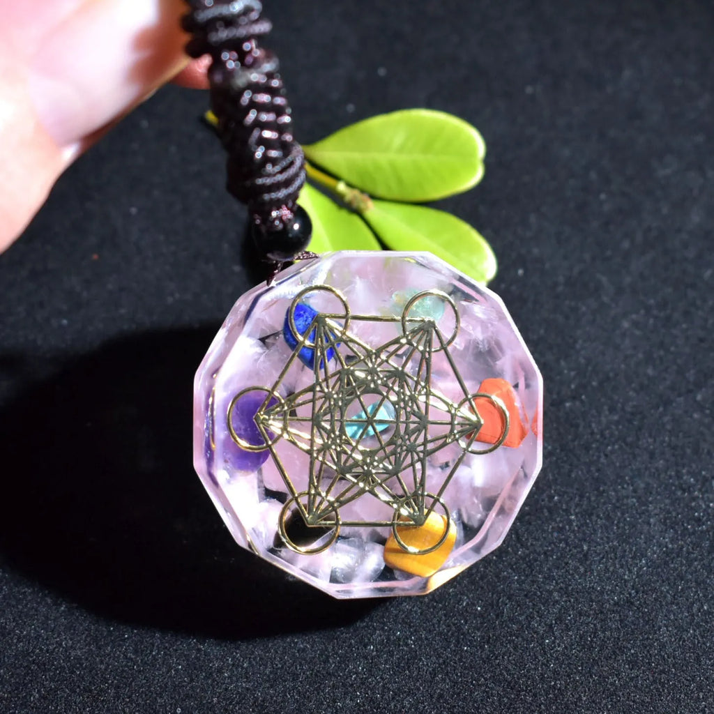 Orgonite pendant necklace with multi-colour crystal chips, resin metal matrix, and quartz crystals for chakra energy balancing