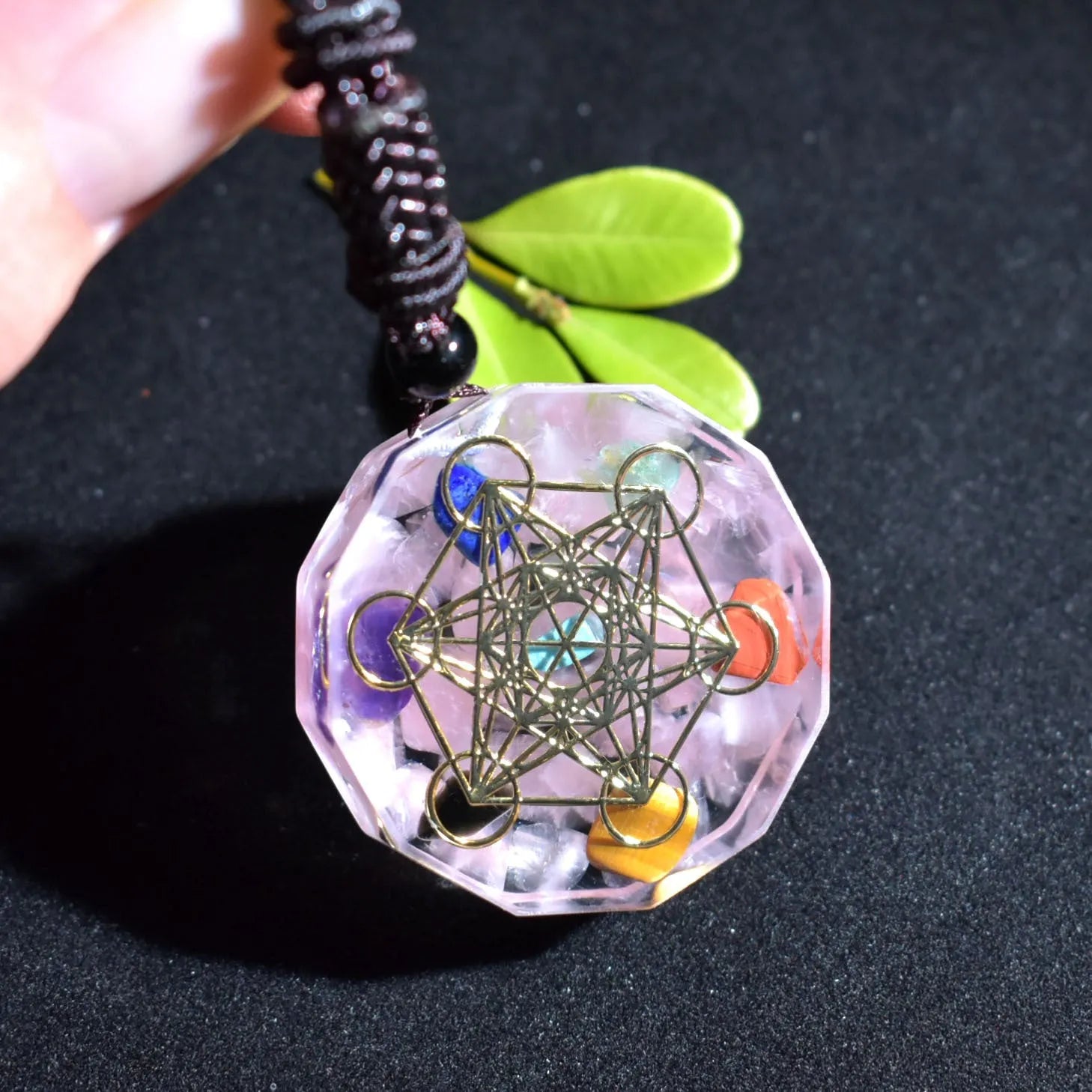Orgonite pendant necklace with multi-colour crystal chips, resin metal matrix, and quartz crystals for chakra energy balancing