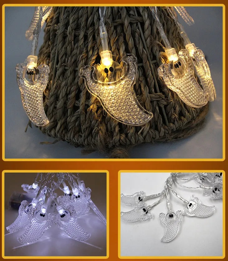 Halloween string lights with pumpkin, bat and ghost decorations in white, warm white or multicolour LED options