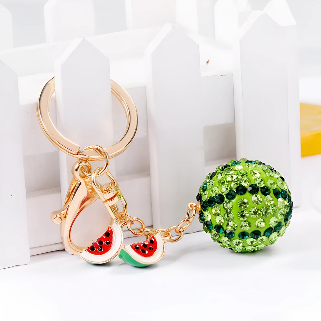 Green zinc alloy watermelon-shaped keychain with metal chain, 12cm size