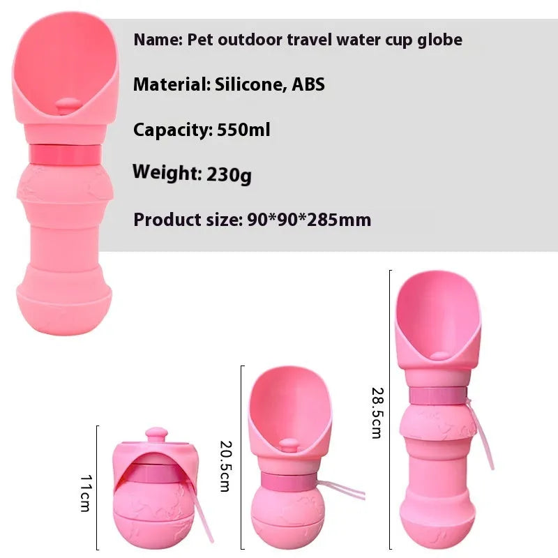 Silicone pet folding water cup shown in pink colour, unfolded ready to use.