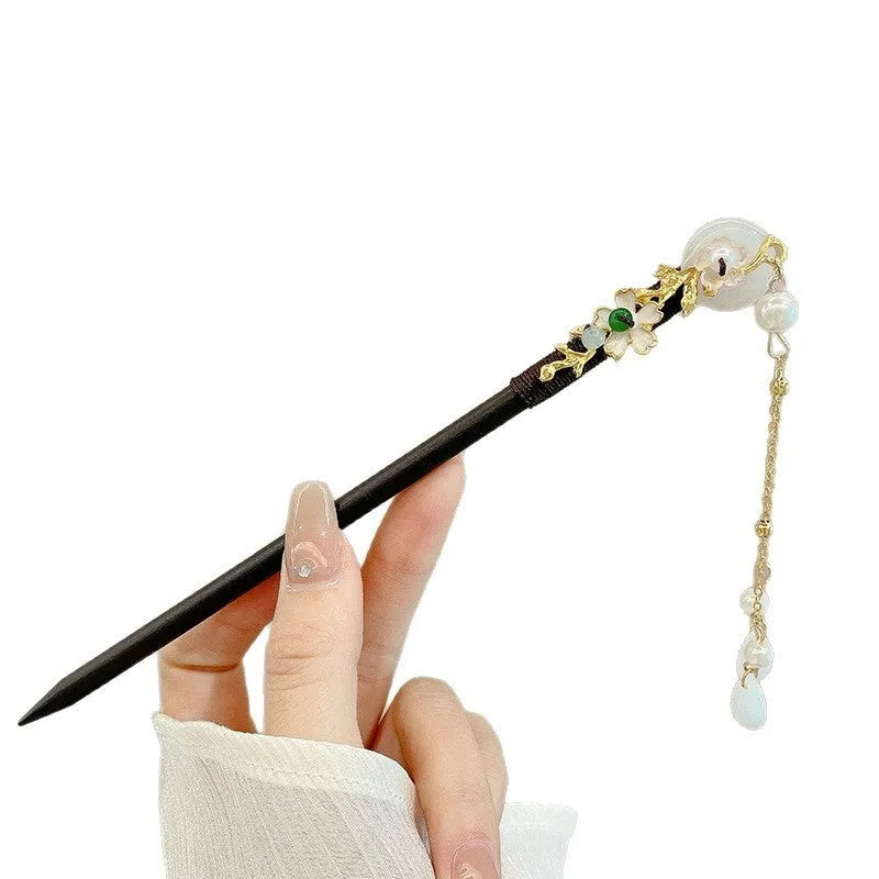 Chinese style ebony hairpin with electroplated alloy and floral ancient design