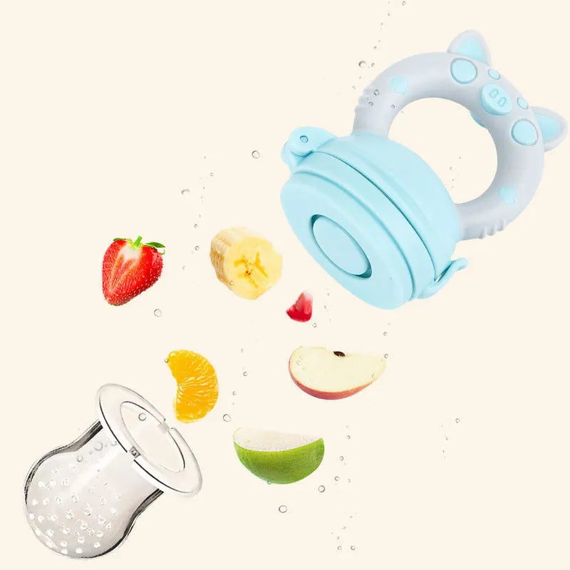 A blue silicone baby teether with a textured mouthpiece for chewing.