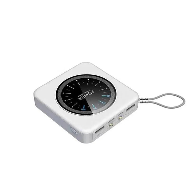 Compact mini clock charger power bank in mint green showing multi-USB ports and alloy case.