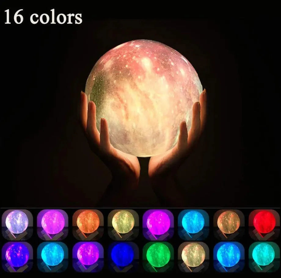 3D printed spherical moon lamp glowing on a surface, showing its textured lunar surface and soft LED light.