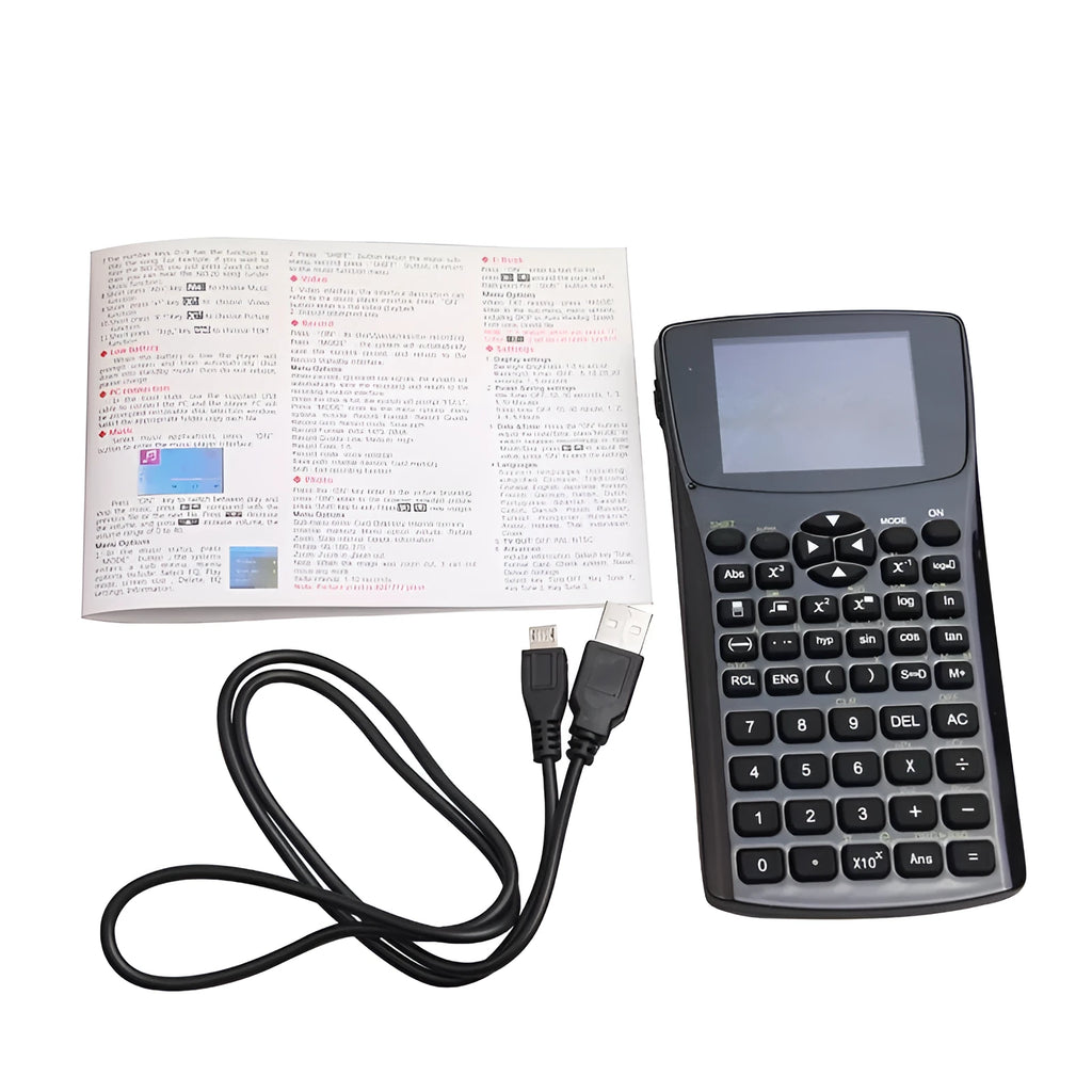 Black multifunctional e-book reader with compact screen and adjustable strap showing multilingual interface