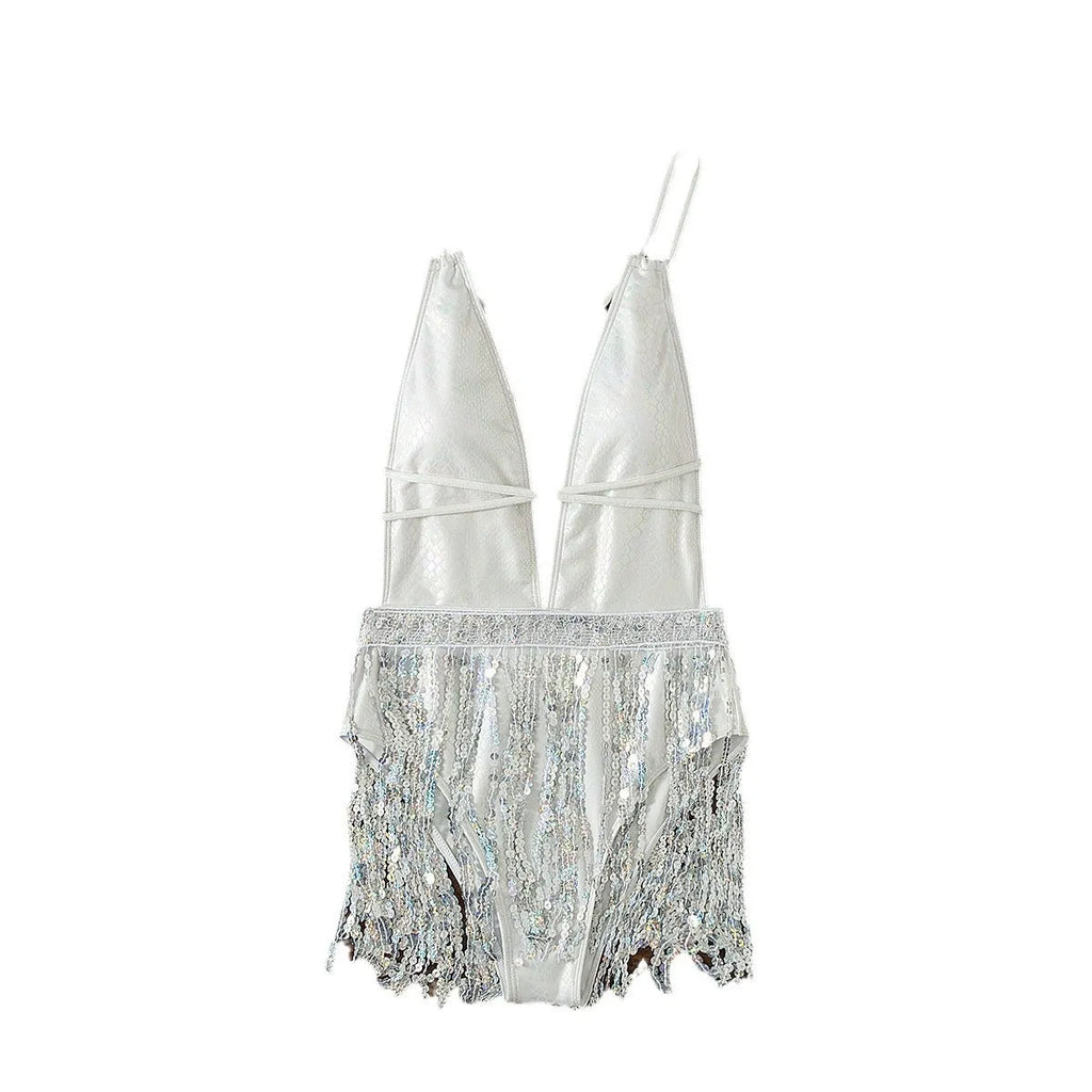 White deep V tassel one-piece swimsuit dress for swimming