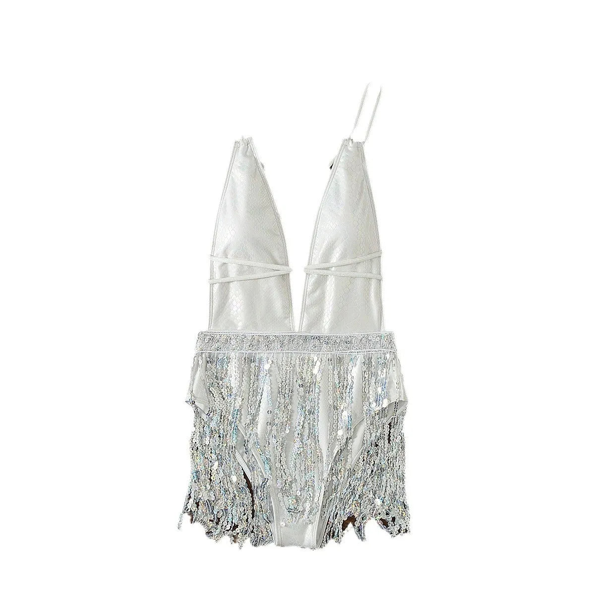 White deep V tassel one-piece swimsuit dress for swimming