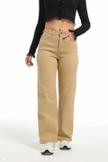 Women's high waist wide leg straight jeans in apricot colour with elastic cotton fabric