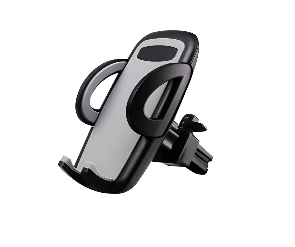 Black universal car mobile phone holder mounted on air conditioning outlet with smartphone secured