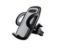 Black universal car mobile phone holder mounted on air conditioning outlet with smartphone secured