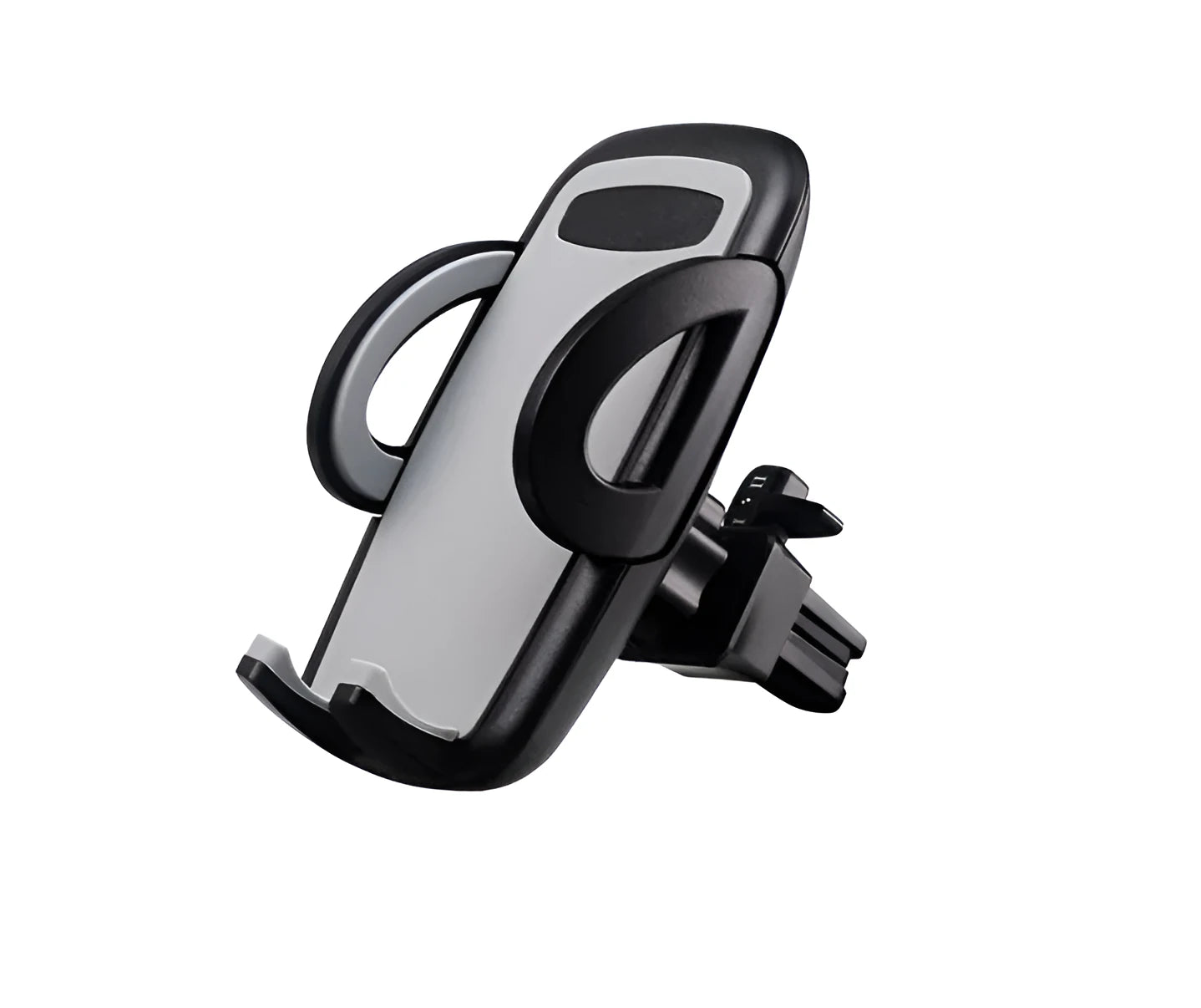 Black universal car mobile phone holder mounted on air conditioning outlet with smartphone secured