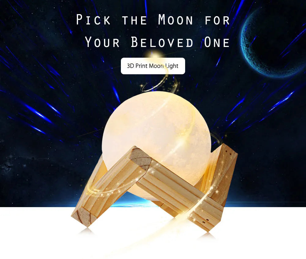 3D printed moon lamp with touch metal ring control on wooden stand, showing white and yellow light settings
