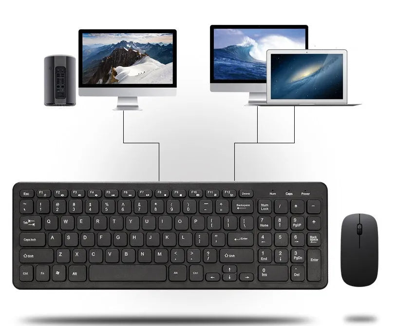 Black wireless keyboard and mouse set with USB receiver on a desk