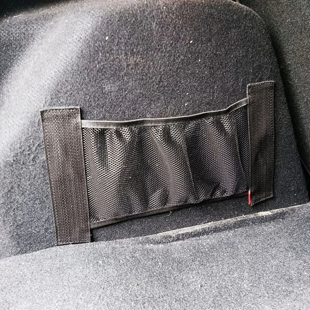 Car trunk elastic storage net in polyester material showing two size options for vehicle organisation