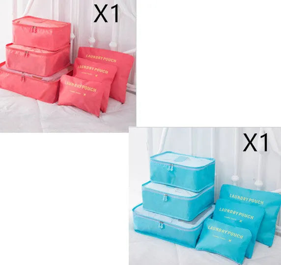 6 piece polyester travel storage bag set in hand bag type shape for clothes and cosmetic organisation, various colour options