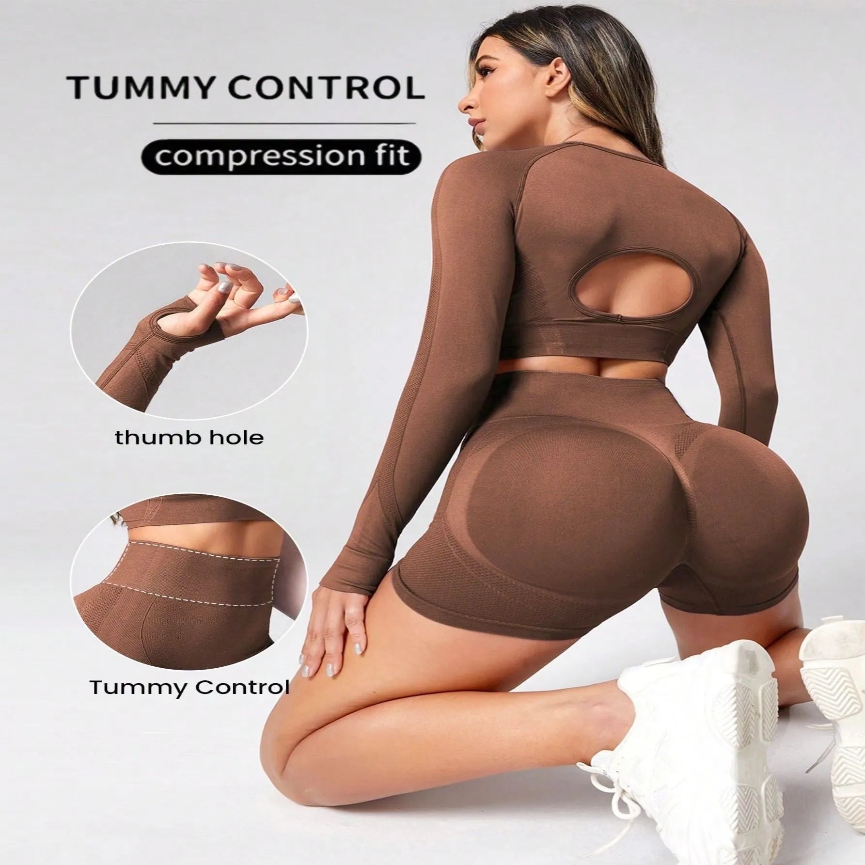 Women's black high waist yoga suit with long sleeves and matching pants