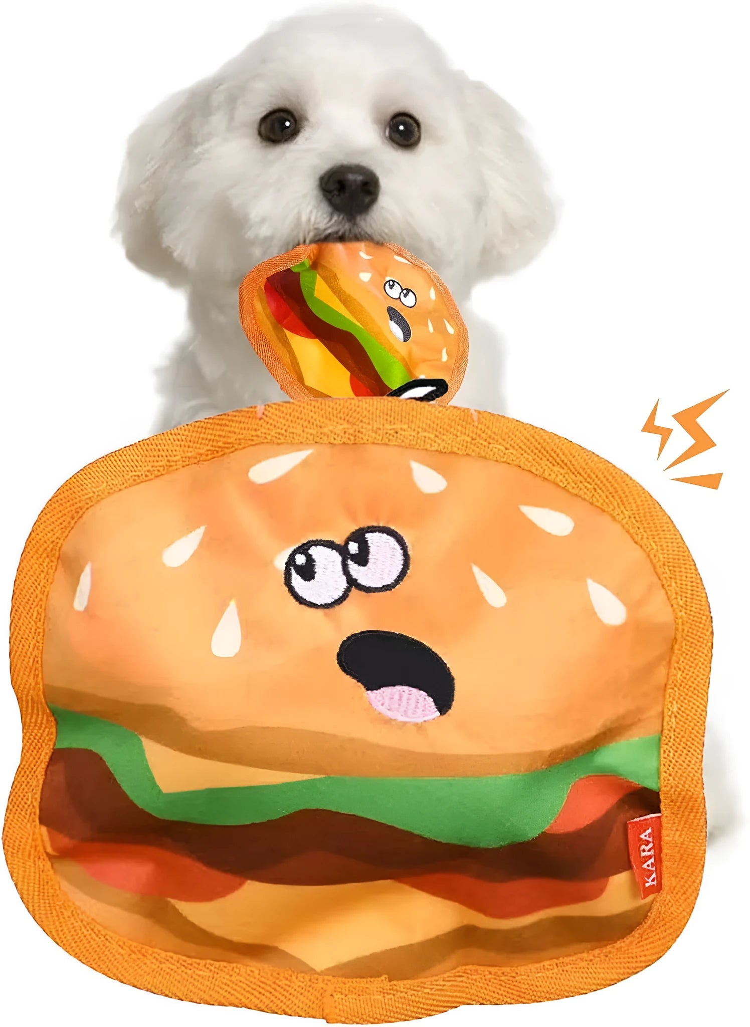 Colourful hamburger-shaped dog chew toy with crinkle and squeak features for interactive play.