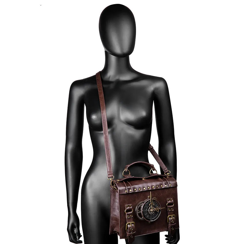 Bronze steampunk shoulder bag with industrial retro styling and horizontal square shape