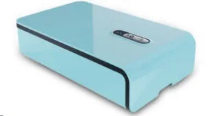 Blue UV phone sterilizer disinfection box with closed lid on a table.