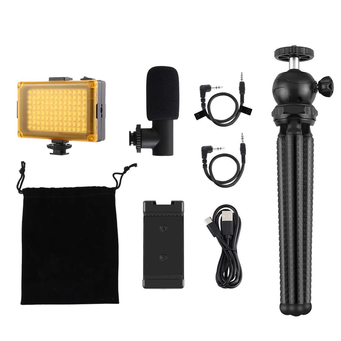 Black octopus tripod with flexible legs and fill light microphone for Apple iPhone live broadcasting