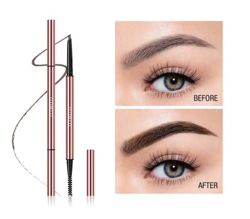 Slender eyebrow make-up pencil in a colour box with six shade options shown.