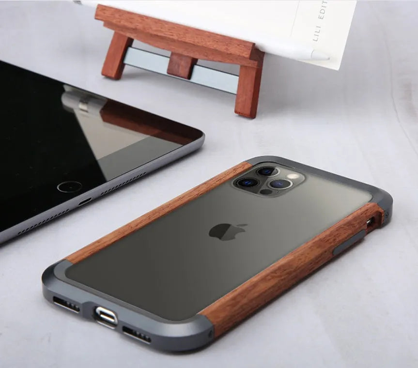 Brown wooden case frame for iPhone with metal border, natural wood finish