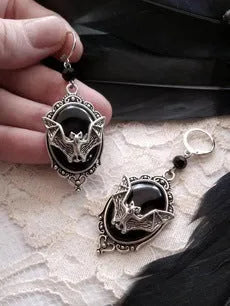 Black alloy Halloween bat earrings with electroplated finish and inlaid gems, unisex style