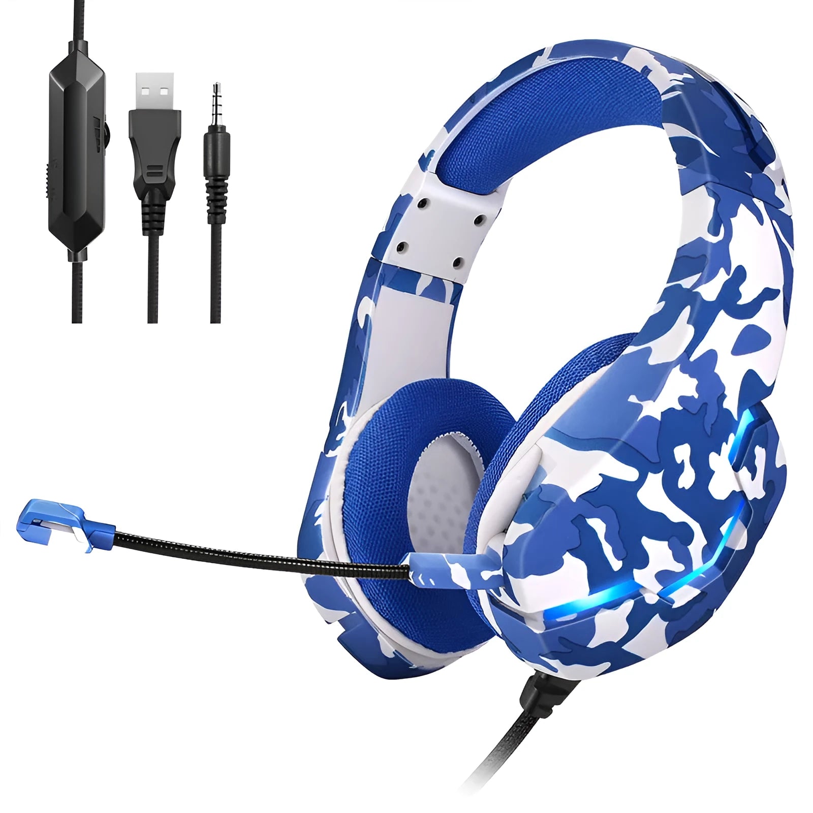 Wired gaming headset with camouflage design, cloth earmuffs, braided cable, and 3.5mm plug