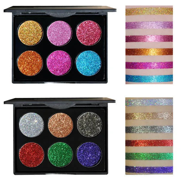 Sequin eye shadow tray with 6 colour palette, compact 10 cm by 7.8 cm, smooth silk texture