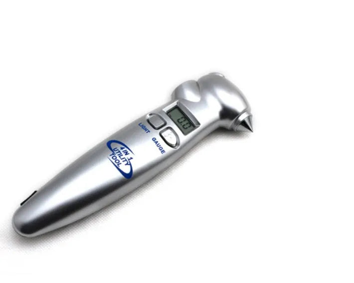 Silver four-in-one digital tyre pressure gauge with safety hammer and emergency light on white background