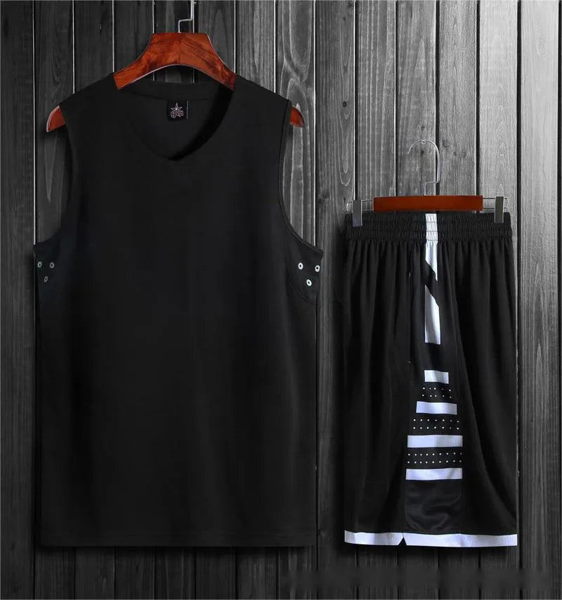 Breathable black and white sports vest and trousers set for basketball training.