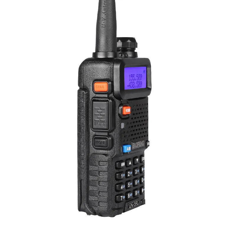 Black professional walkie talkie with antenna, showing compact dimensions and channel display.