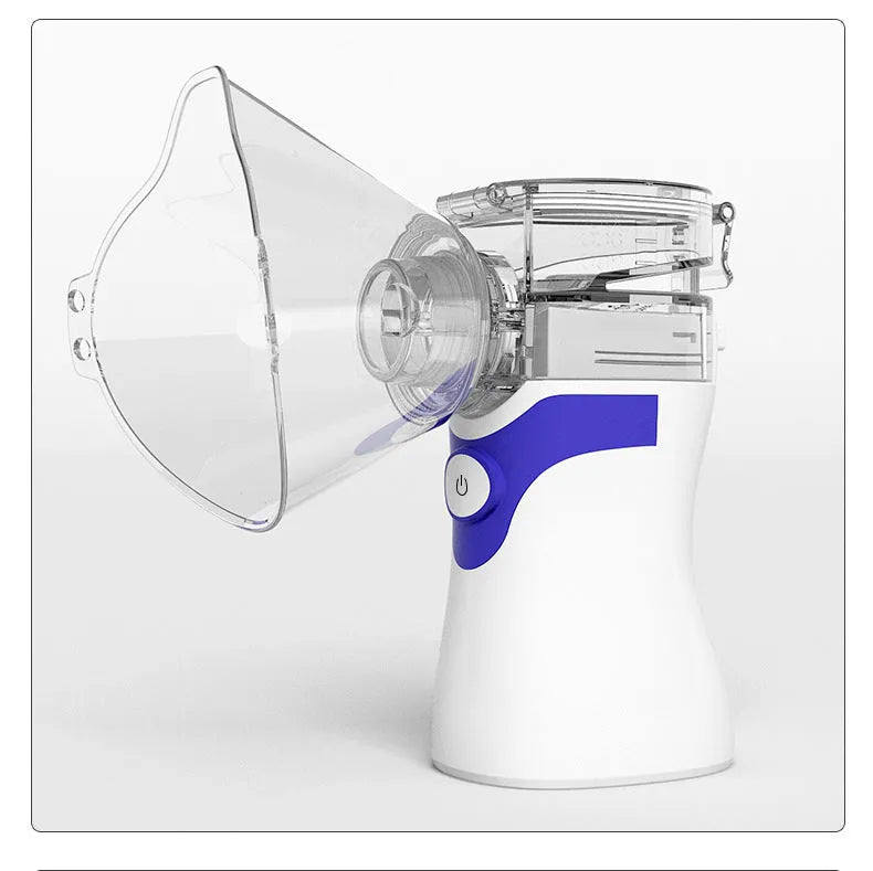 Handheld mesh atomiser in blue with mask and mouthpiece accessories, producing fine particles for inhalation therapy