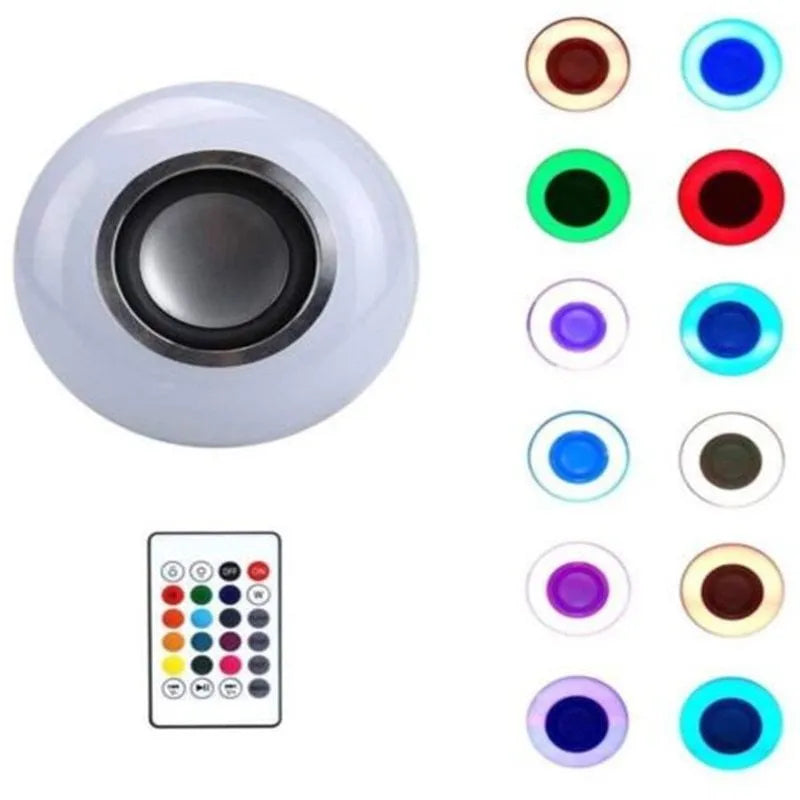 White E27 Bluetooth speaker light bulb with remote control for colour changing illumination