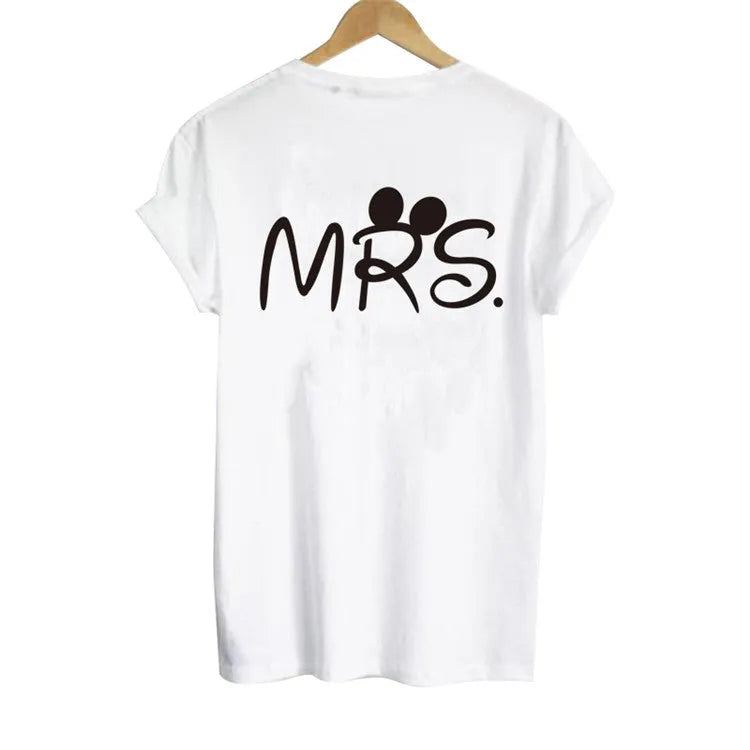 Matching MR and MRS couple T-shirts made from polyester fibre in multiple sizes