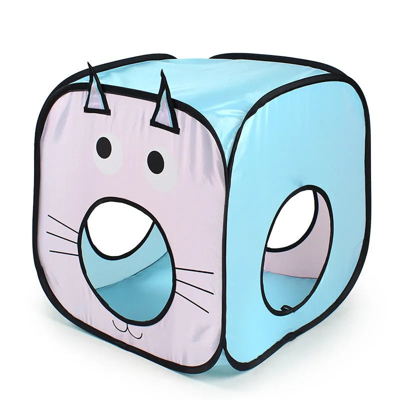 Foldable cat tunnel pet tent with three-piece design in cat and fish pattern